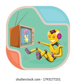 A little robot laughs watching cartoon animation on tv