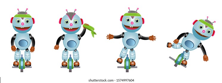Little robot rides on single wheel balancing board. Four different positions for this cute character. Vector illustration isolated on white background.