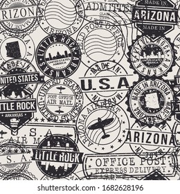 Little Rock, AR, USA Stamps Background. A City Stamp Vector Art. Set of Postal Passport Travel. Design Set Pattern.