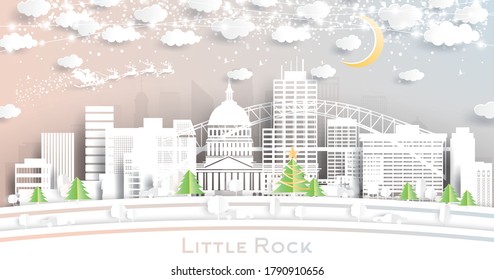 Little Rock Arkansas USA City Skyline in Paper Cut Style with Snowflakes, Moon and Neon Garland. Vector Illustration. Christmas and New Year Concept. Santa Claus on Sleigh.