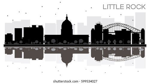 Little Rock City skyline black and white silhouette with Reflections. Vector illustration. Simple flat concept for tourism presentation, banner, placard or web site. Cityscape with landmarks