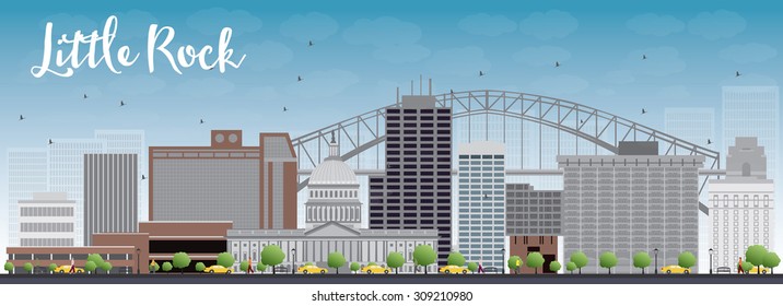 Little Rock Skyline with Grey Building and Blue Sky. Vector Illustration. Business travel and tourism concept with modern buildings. Image for presentation, banner, placard and web site.