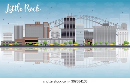 Little Rock Skyline with Grey Building, Blue Sky and reflections. Vector Illustration. Business travel and tourism concept with place for text. Image for presentation, banner, placard and web site.