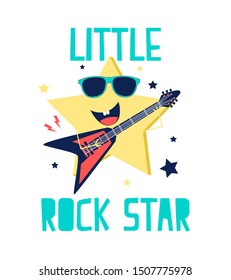 Little rock star slogan and cute star character vector illustration.