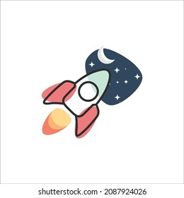 The little rocket is heading towards the cute sky dotted with stars and moon.