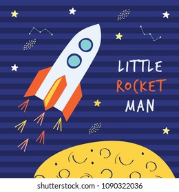 Little rocket man print poster. A playful, modern, and flexible print for brand who has cute and fun style. Happy, bright, and magical mood.
