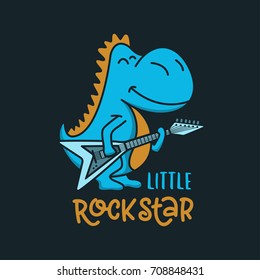 Little rockstar kid clothes design. Cute smiling cartoon style dragon with electric guitar. Handmade lettering inscription for prints, posters. Vector vintage illustration.