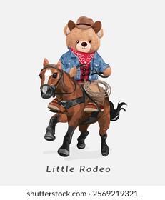 little rodeo slogan with cowboy bear doll riding horse vector illustration