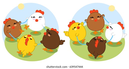Little roosters dancing in a circle while holding a rope (set of two vector illustrations
