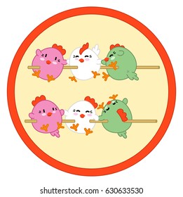 Little roosters as japanese sweet hanami dango (set of two illustrations)