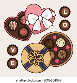 Little round cute chocolate gift of love in premium heart boxes; decorate sweet dark and white cocoa with letters. Valentine's day Dessert cartoon icon vector illustration flat design.