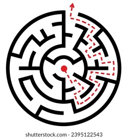 Little round vector labirinth. Vector easy black circle maze on white background with red dashed passing route. Good puzzle flat icon design.