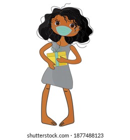Little sad african american girl wearing medical mask holding holiday gift in her hands. Children's emotions. Vector isolated on white.
