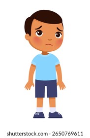 Garotinho triste. Conceito de tristeza, tristeza e emoções. Personagem de desenho animado bonito