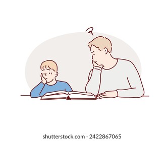 Little sad boy stressed with difficulties mathematics homework with his tired dad.  Hand drawn style vector design illustrations.