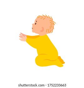 Little sad child pulls his hands. A lonely abandoned baby reaches out and asks not to leave him. A tiny orphan. Vector illustration in flat style. The child reaches to be picked up.