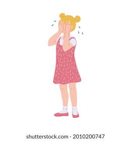 Little sad crying blonde girl. The character of a child who weeping covering her face with her hands. The kid behavior. Flat cartoon isolated vector illustration