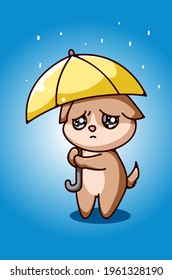 Little sad dog under the umbrella hand drawing