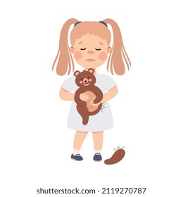 Little Sad Girl Holding Teddy Bear with Ripped Paw and Feeling Sad Vector Illustration