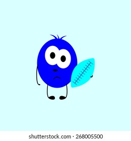 Little sad navy colored monster with big oval eyes, black nose and mouth holds blue rugby ball in his hand. Socialization concept