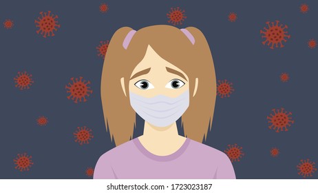 Little sad scared girl in mask on background of coronavirus cells. Child, teenager wearing the mask for protection from virus. Prevention by mask to reduce spread of covid-19
