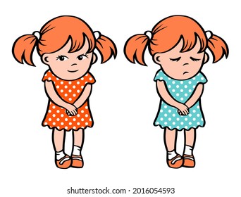 Little Sad And Smile Girls In A Dress. Stands With An Unhappy And Happy Face. Guilt. Vector Cartoon Isolated Illustration Hand Drawn