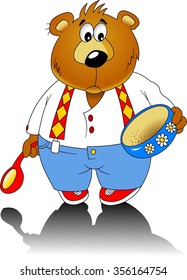 Little sad teddy bear with an empty plate, vector