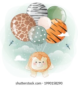 
Little Safari Lion Flying with Animal Printed Balloons