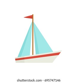 Little sailing ship, boat, sailboat, flat style cartoon vector illustration isolated on white background. Flat cartoon vector illustration of toy boat, sailing ship, sailboat with white sails