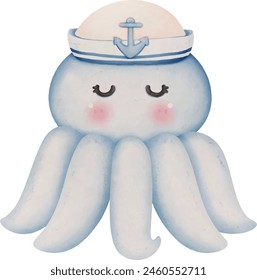Little sailor blue octopus wearing a hat
