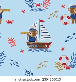 Little Sailor mit Boot nahtlos Muster Design, Aquarell Vektorgrafik. Marine - Nautical Theme Kollektion für Kinder. Aquarellboot, Bär, Meer und Hintergrund. Schöne Tapeten, Stoffe.