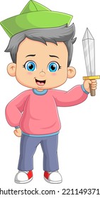 The little sailor boy is holding the sharp silver sword of illustration