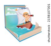 Little sailor boy holding telescope on sailboat in a open Book on white background