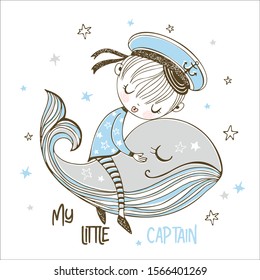 A little sailor boy sleeps sweetly on a magic whale. Vector.