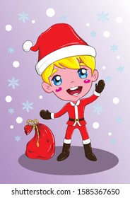 Little Santa Boy with Gift bag and Snowflakes