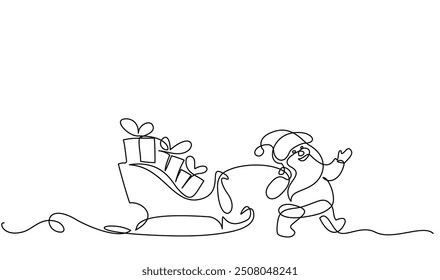 Little Santa carrying sleigh with gifts boxes. Continuous one line drawing. Christmas icon on white background. Vector illustration.