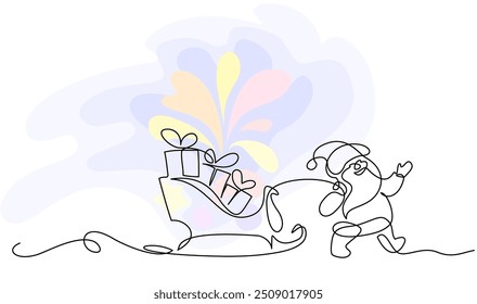 Little Santa carrying sleigh with gifts boxes. Continuous one line drawing. Christmas icon on white background. Vector illustration.