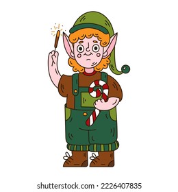 Little Santa Claus helper. Elf boy with sparkler and lollipop. Cute doodle X-mas character