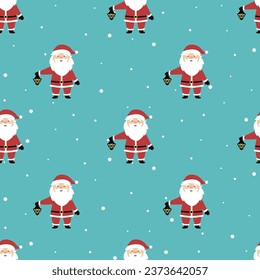 Little santa claus with lamp. Seamless christmas pattern