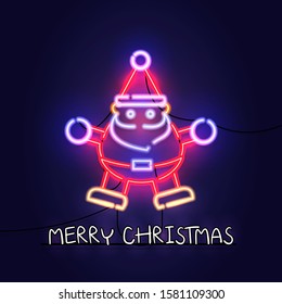 A little Santa Claus in neon light style. Vintage design with flexible light stripe make it to a realistic glowing signage on the wall and show its wire in background.
