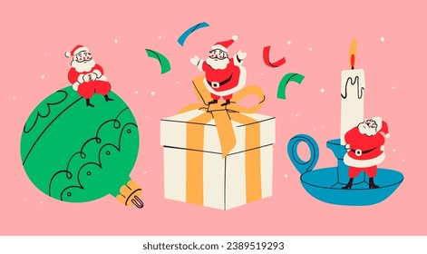 Little Santa Claus sitting on a big Christmas toy, standing on a gift box and candle. Hand drawn modern Vector illustration. Isolated design elements. Party decoration, new year celebration concept