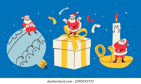 Little Santa Claus sitting on a big Christmas toy, standing on a gift box and candle. Hand drawn modern Vector illustration. Isolated design elements. Party decoration, new year celebration concept