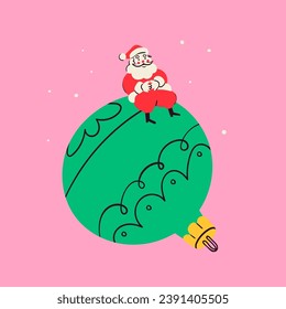 Little Santa Claus sitting on a big green christmas toy. Hand drawn modern Vector illustration. Isolated design element. Party decoration, postcard, New Year celebration, invitation concept