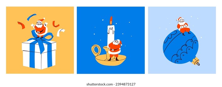 Little Santa Claus sitting on a big Christmas toy, standing on a gift box and candle. Hand drawn modern Vector illustration. Isolated design elements. Party decoration, new year celebration concept