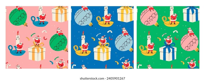 Little Santa Claus sitting on a big Christmas toy, standing on a gift box and candle. Hand drawn modern Vector illustration. Set of three Square seamless Patterns. New year celebration concept