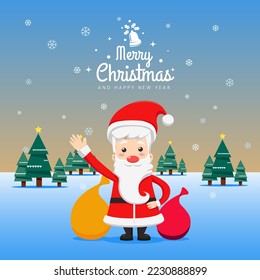 Little Santa Cute with Hallo Pose with Kids Style Illustration with Background for Poster social media post