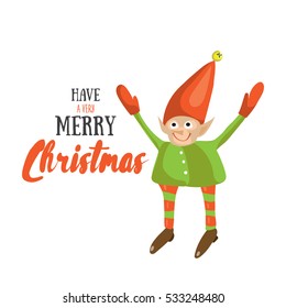 Little Santa helper wish you a Merry Christmas. Vector illustrated greeting card. Decorative poster template with little elfs. Holiday invitation. New Years party poster design.