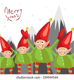 Little Santa helpers wish you a Merry Christmas. Vector illustrated greeting card. Decorative poster template with little elfs. Holiday invitation. New Years party poster design.