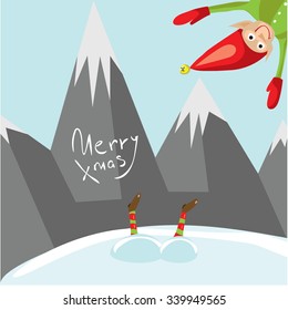 Little Santa helpers wish you a Merry Christmas. Vector illustrated greeting card. Decorative poster template with little elfs. Holiday invitation. New Years party poster design.