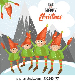 Little Santa helpers wish you a Merry Christmas. Vector illustrated greeting card. Decorative poster template with little elfs. Holiday invitation. New Years party poster design.